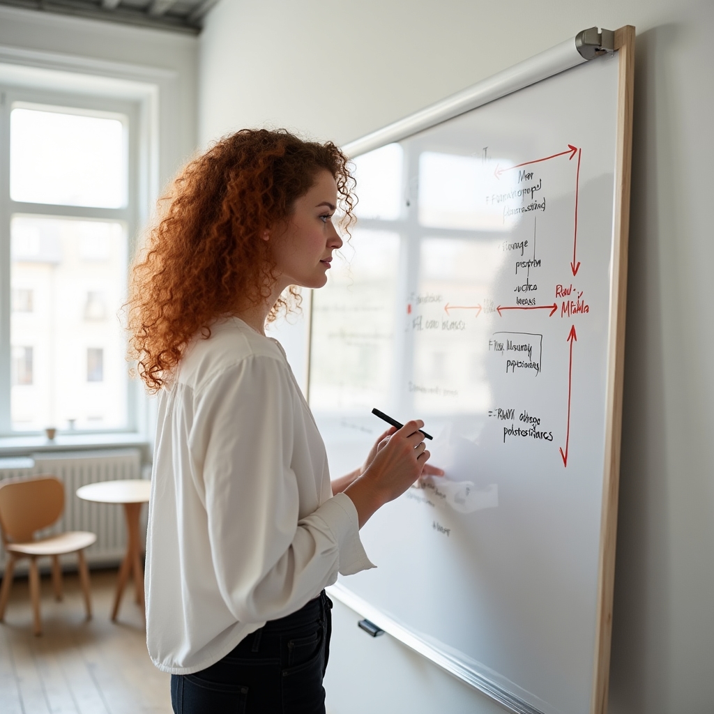 Istruttore che pianifica un workflow di post-produzione su lavagna durante la preparazione di una sessione formativa