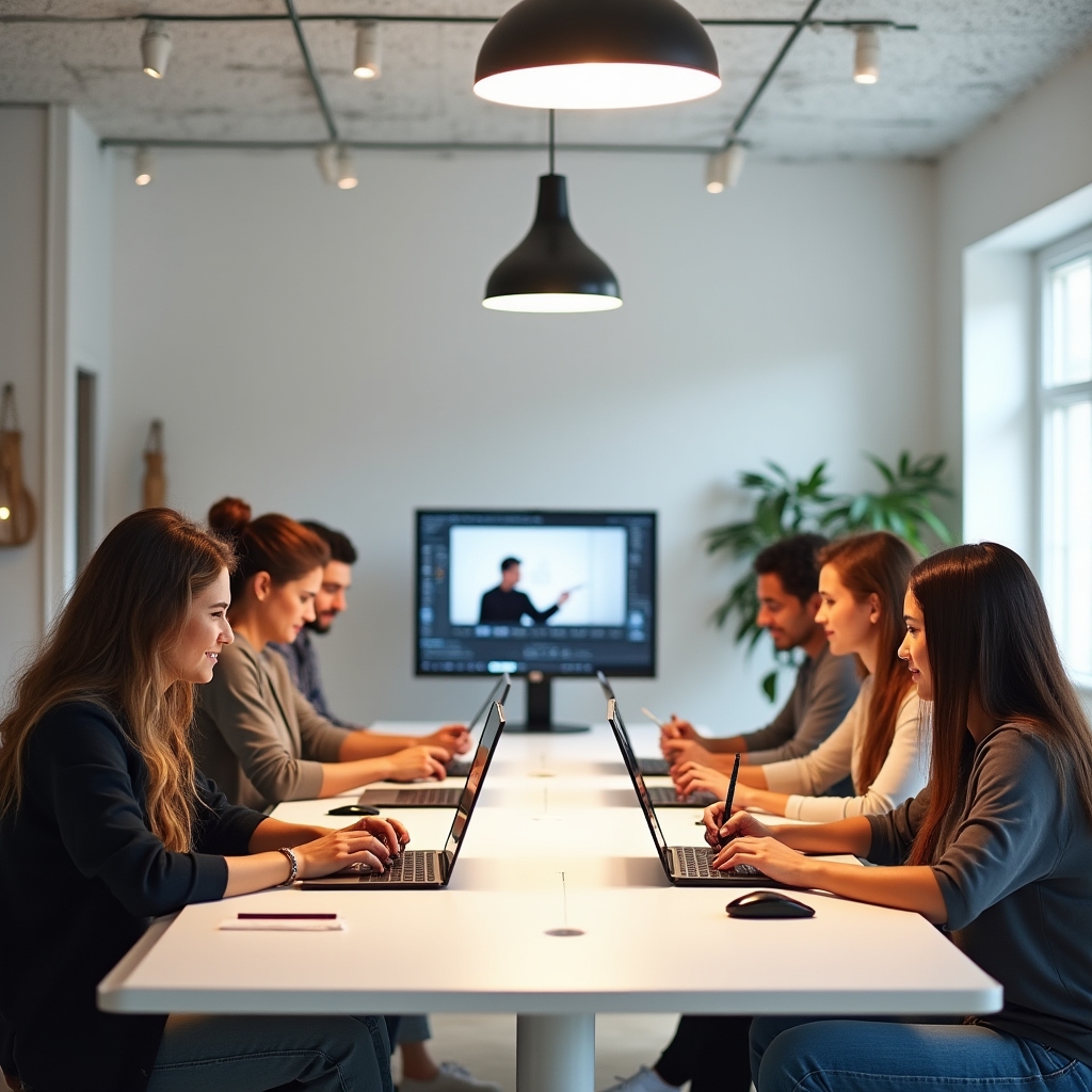 Piccolo gruppo di fotografi che lavorano su laptop durante una sessione di editing intensivo