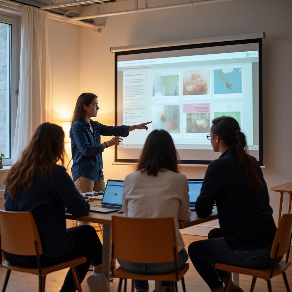 Sessione di screen-share durante un workshop di editing fotografico con partecipanti attenti